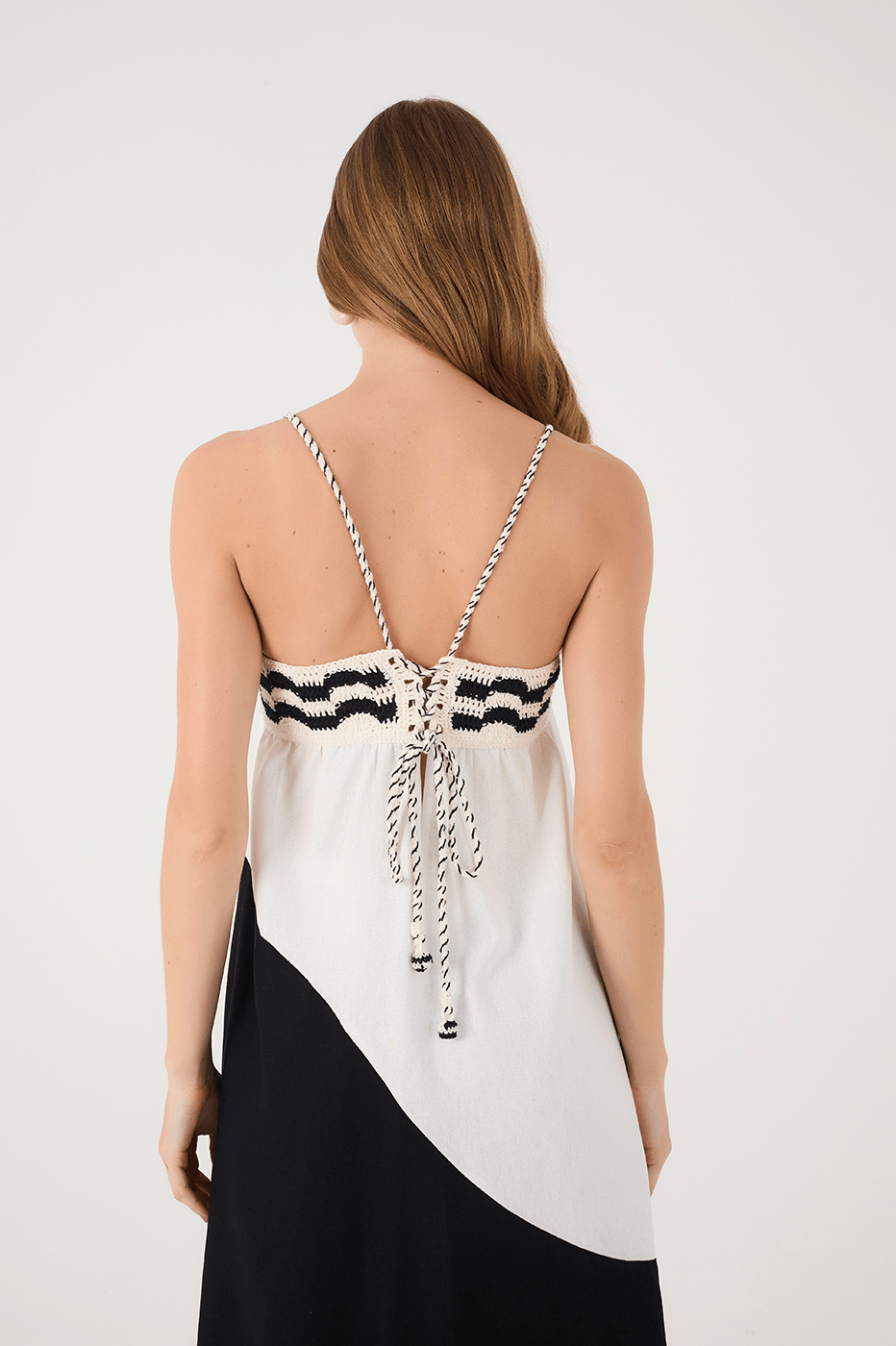 Black And White Crochet Neckline Ties Linen Maxi Dress