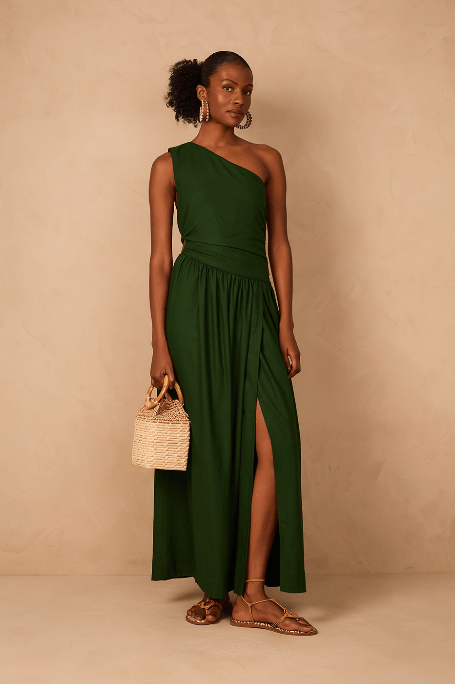 Green Botanical One-Shoulder Draped Linen Maxi Dress_1