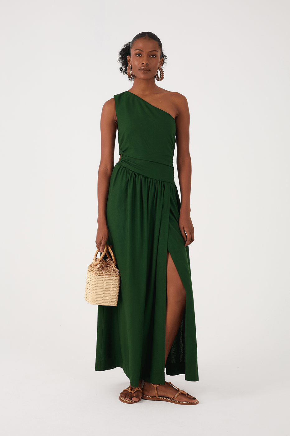 Green Botanical One-Shoulder Draped Linen Maxi Dress_2