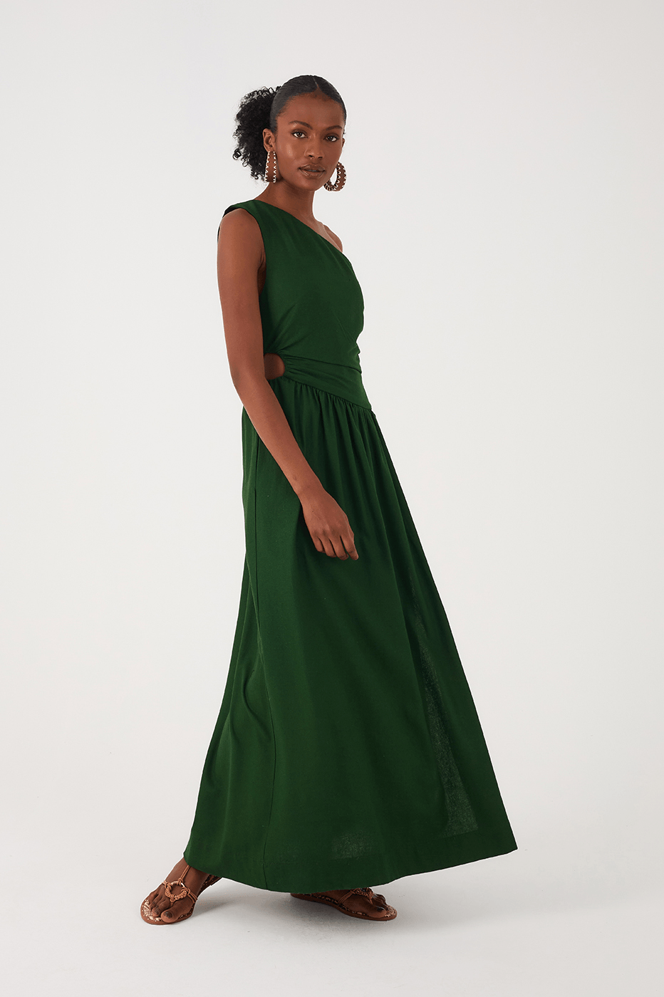 Green Botanical One-Shoulder Draped Linen Maxi Dress_3