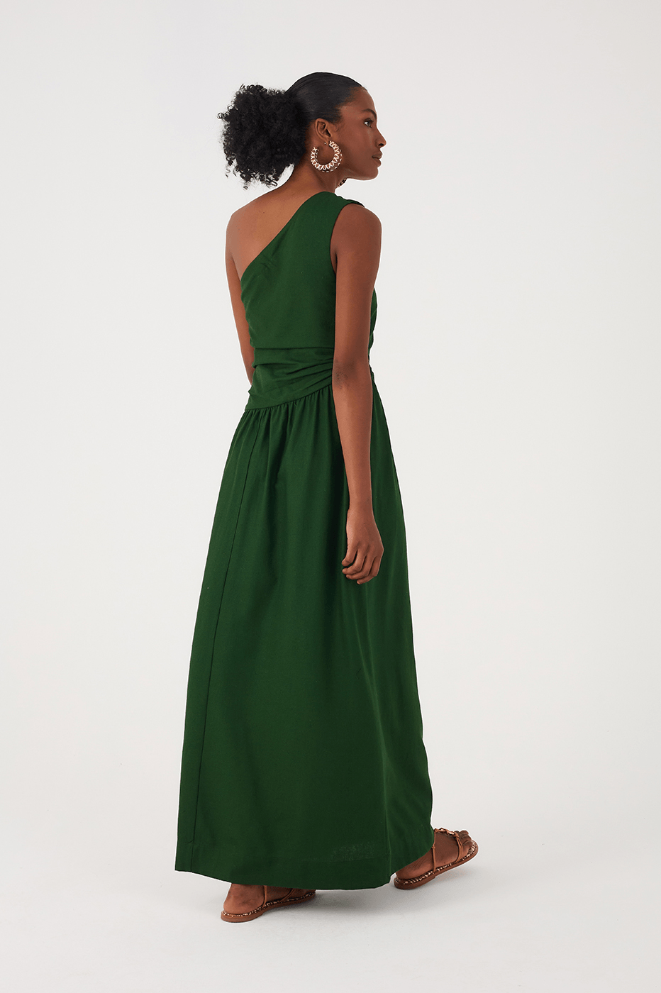 Green Botanical One-Shoulder Draped Linen Maxi Dress_6
