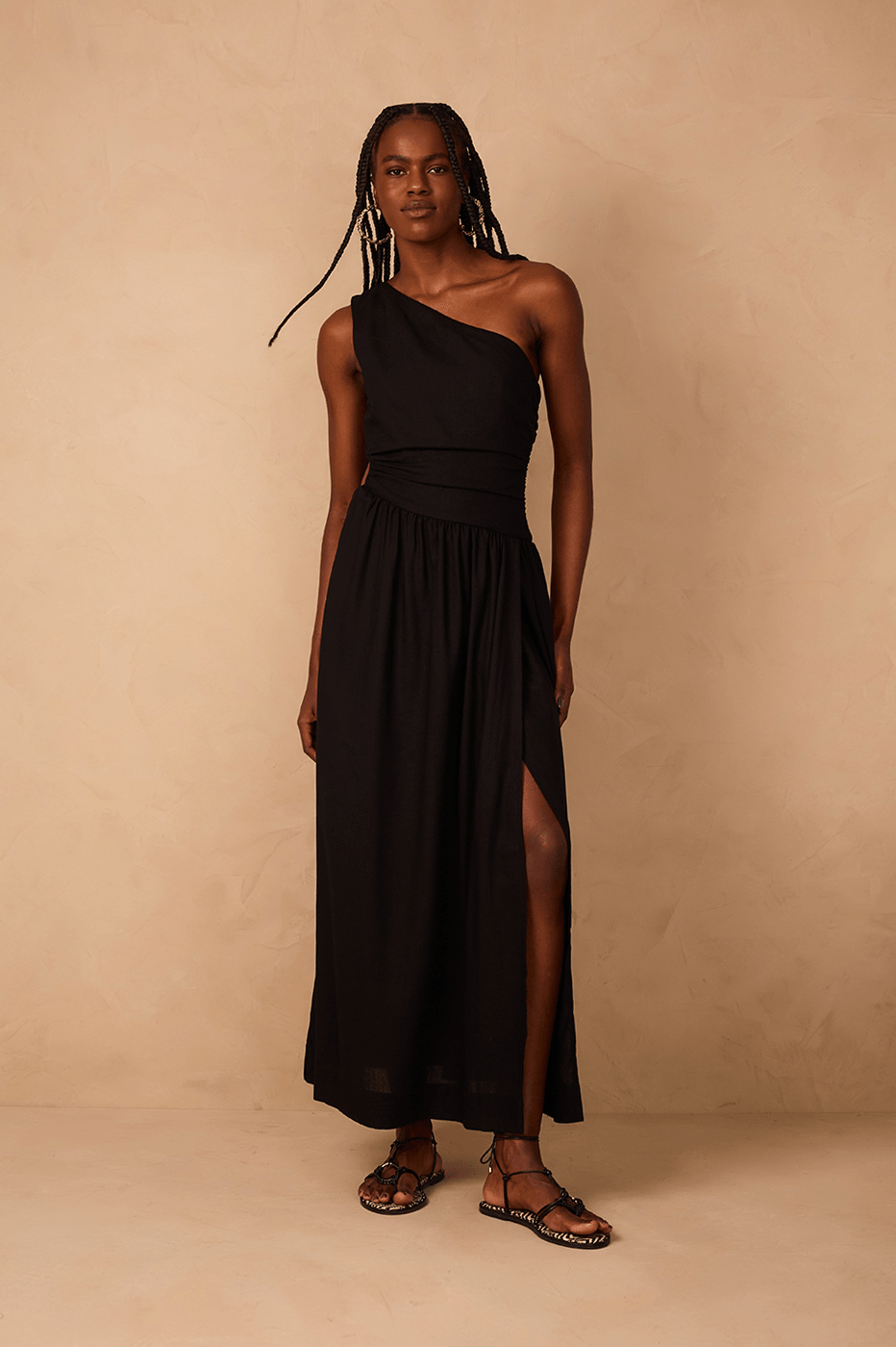 Black One-Shoulder Draped Linen Maxi Dress_1