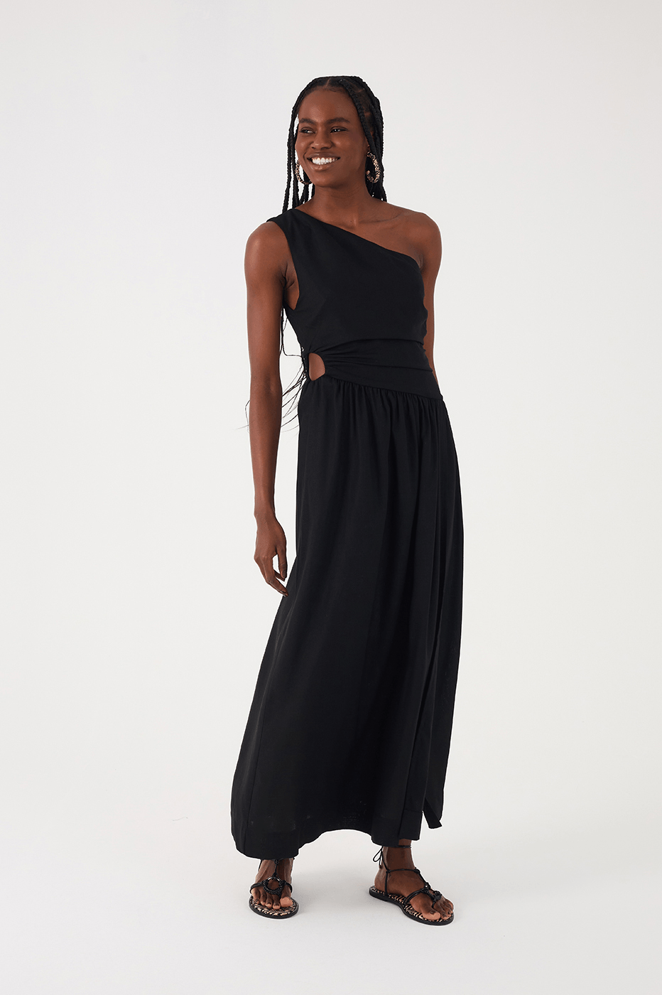 Black One-Shoulder Draped Linen Maxi Dress_3