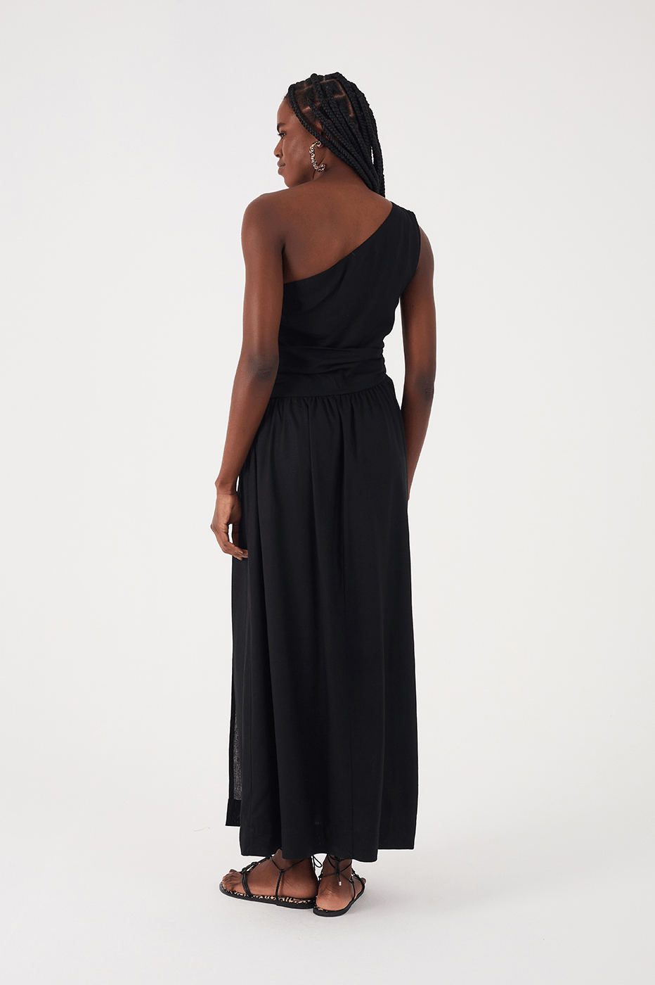Black One-Shoulder Draped Linen Maxi Dress_6