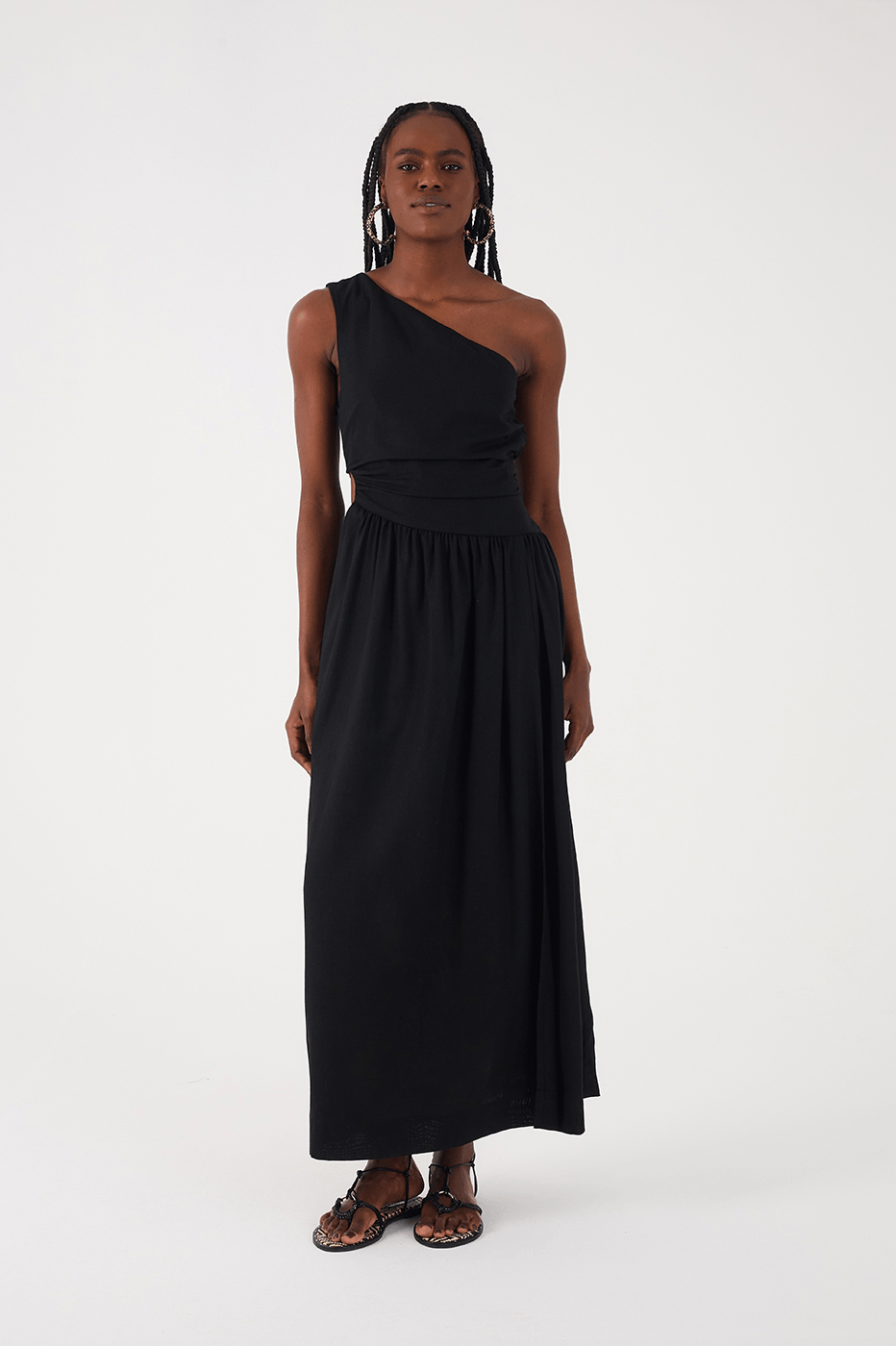 Black One-Shoulder Draped Linen Maxi Dress_8