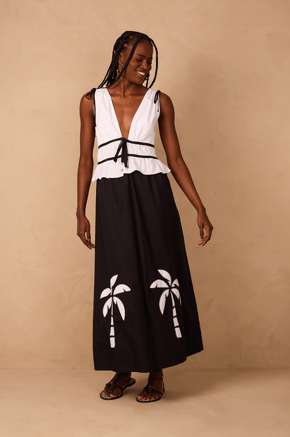 Black And White Embroidered Coqueiros Ties Cotton Maxi Dress