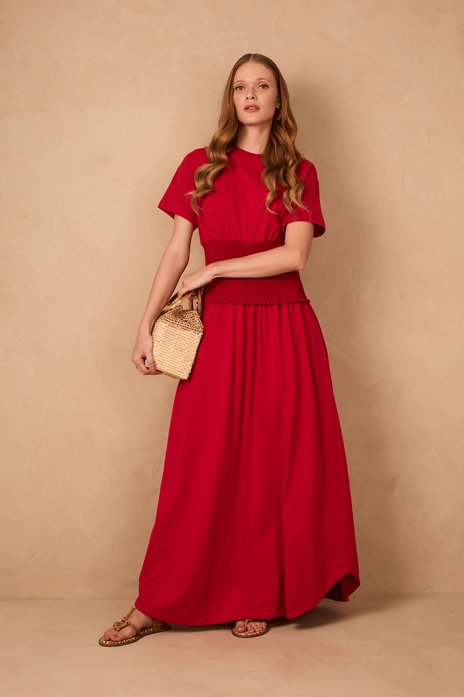 Red Encanto Smocked Waist Short Sleeve Maxi Dress_1