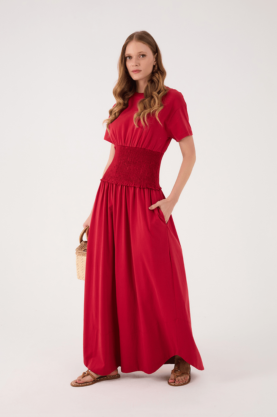 Red Encanto Smocked Waist Short Sleeve Maxi Dress_2