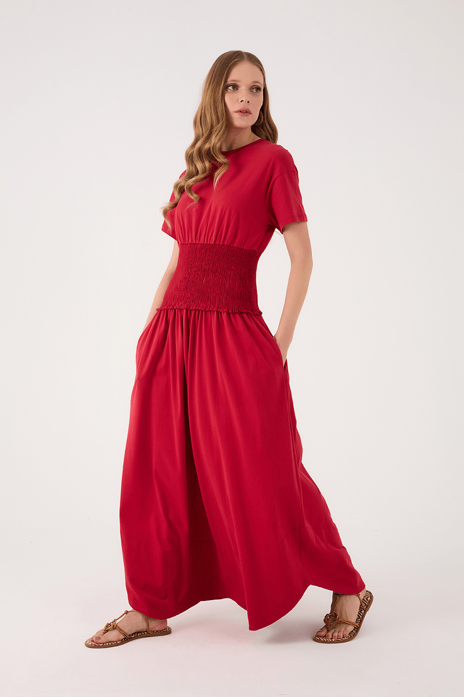 Red Encanto Smocked Waist Short Sleeve Maxi Dress_3