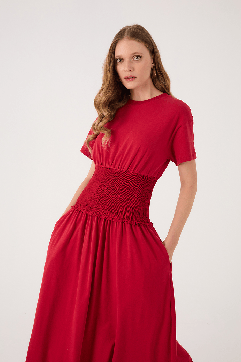 Red Encanto Smocked Waist Short Sleeve Maxi Dress_4