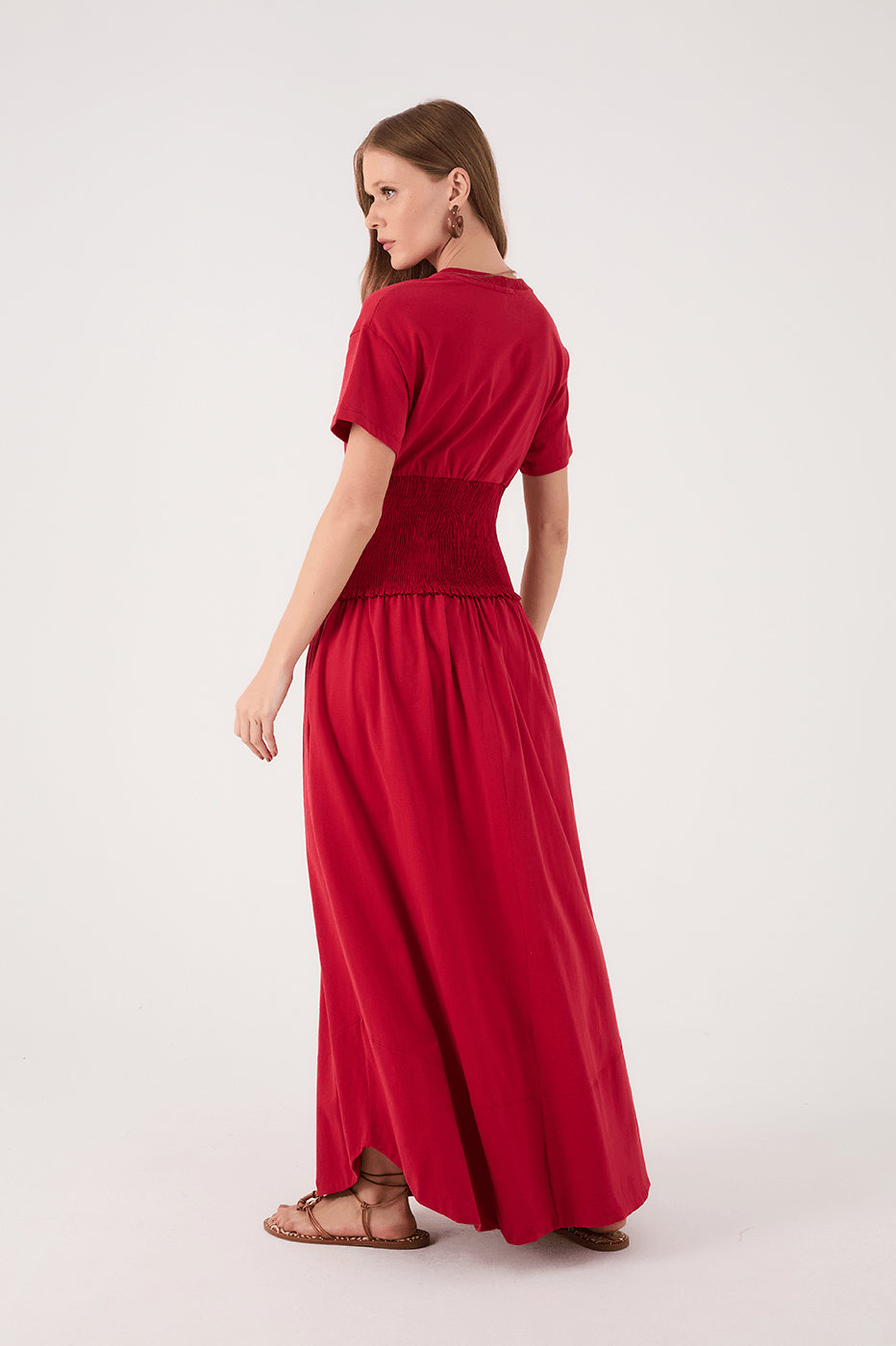 Red Encanto Smocked Waist Short Sleeve Maxi Dress_7