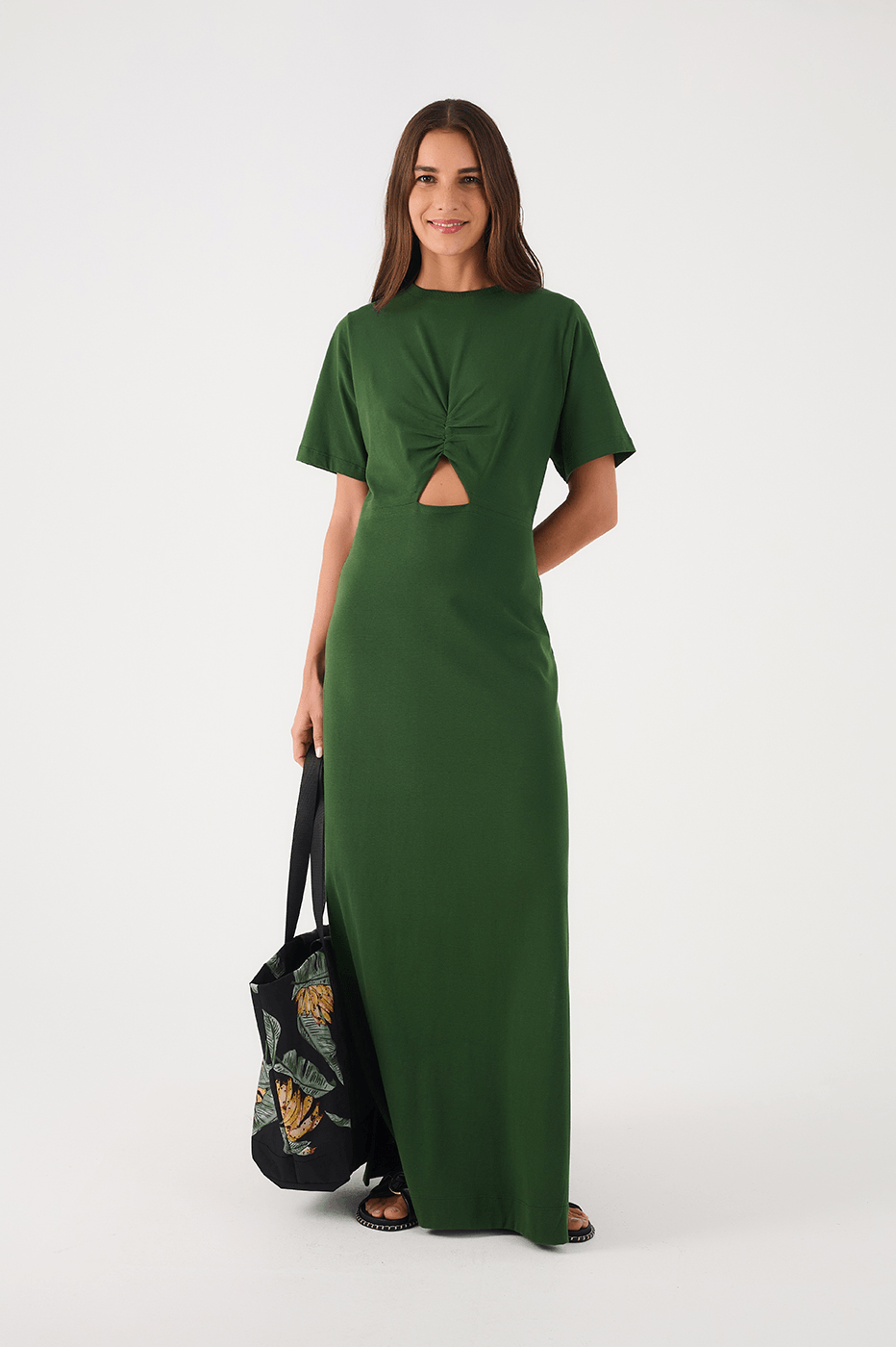 Green Botanical Ruched Bodice Short Sleeve Maxi Dress_2
