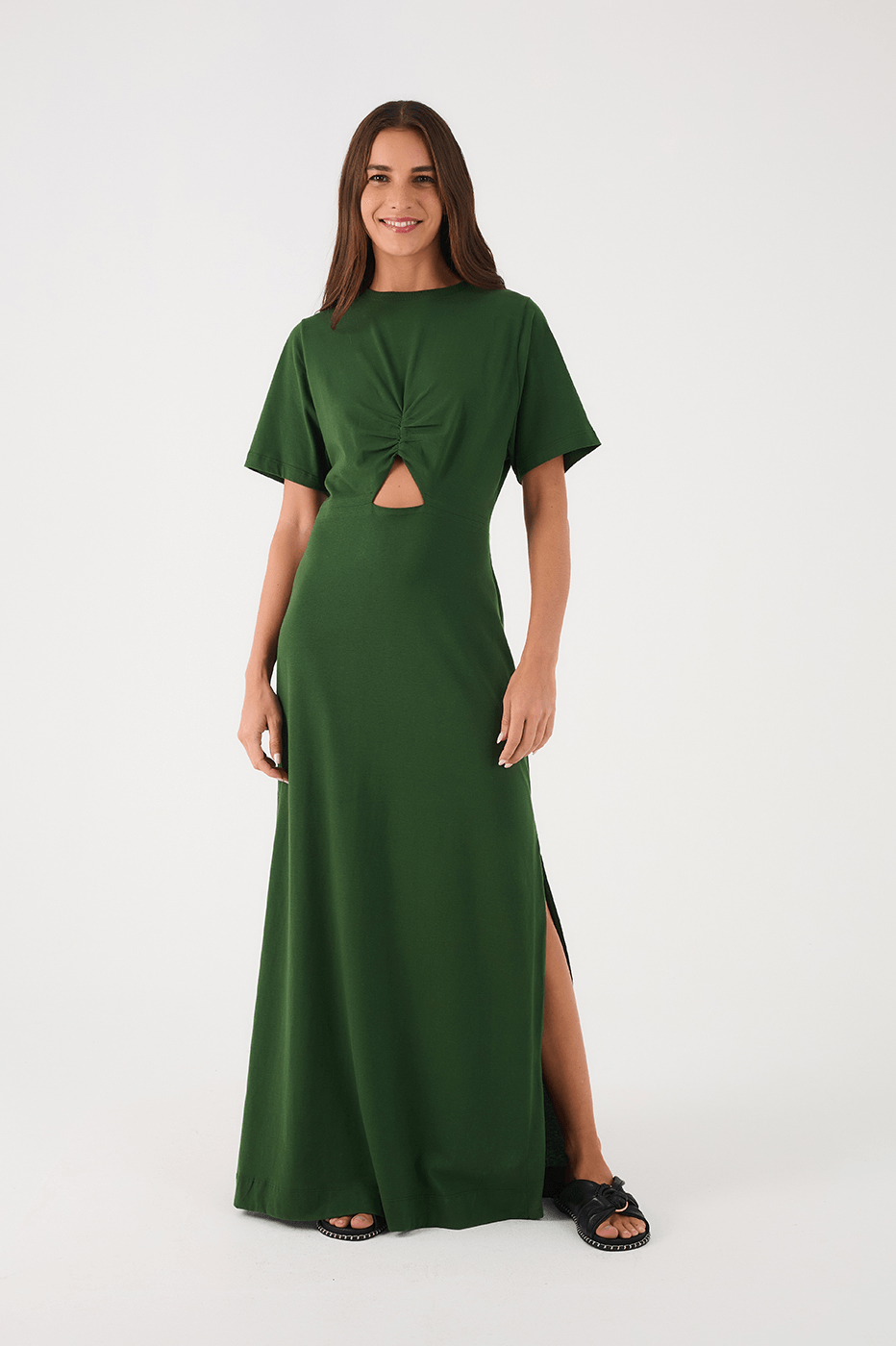Green Botanical Ruched Bodice Short Sleeve Maxi Dress_3
