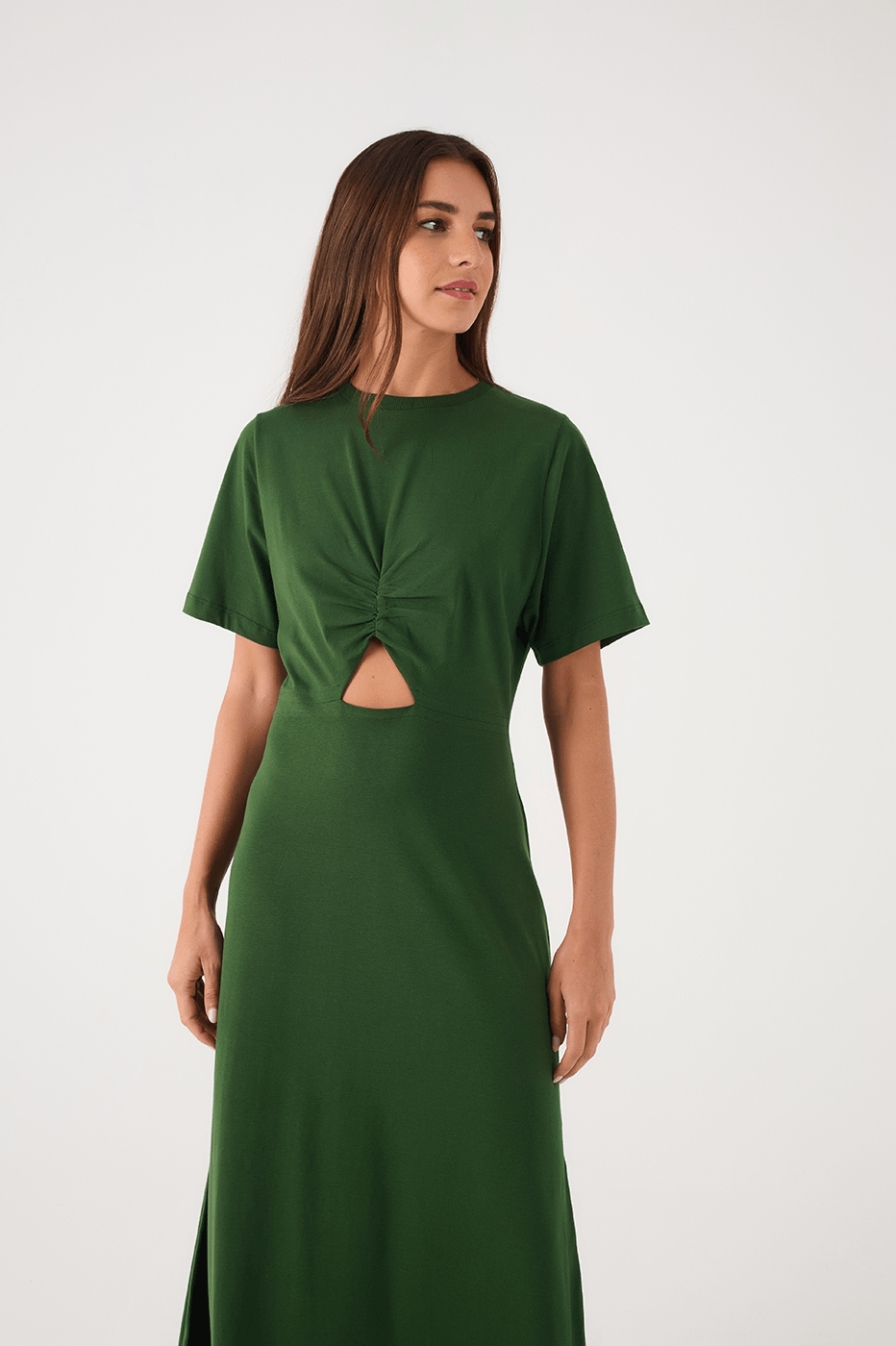 Green Botanical Ruched Bodice Short Sleeve Maxi Dress_4