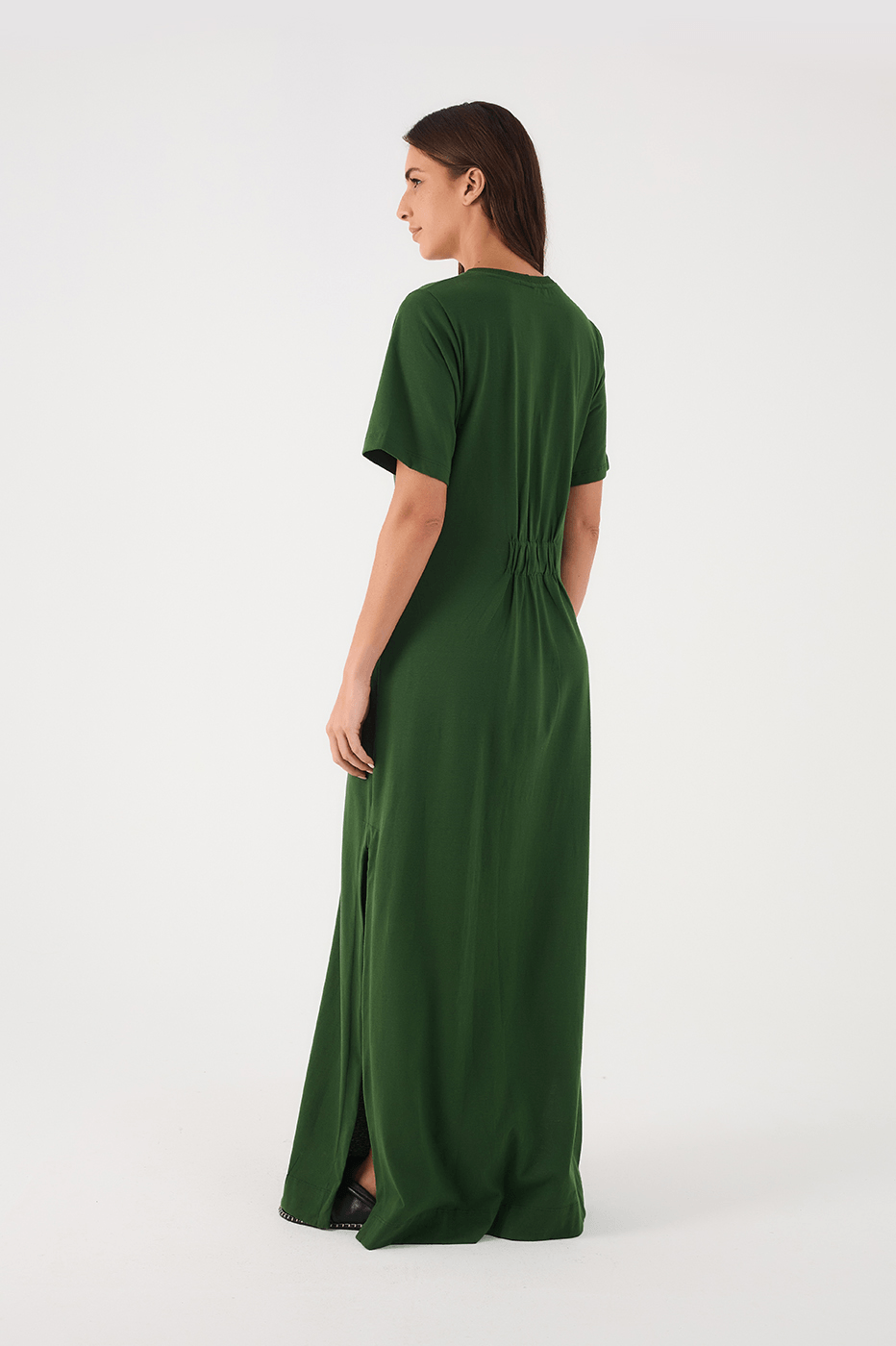 Green Botanical Ruched Bodice Short Sleeve Maxi Dress_6