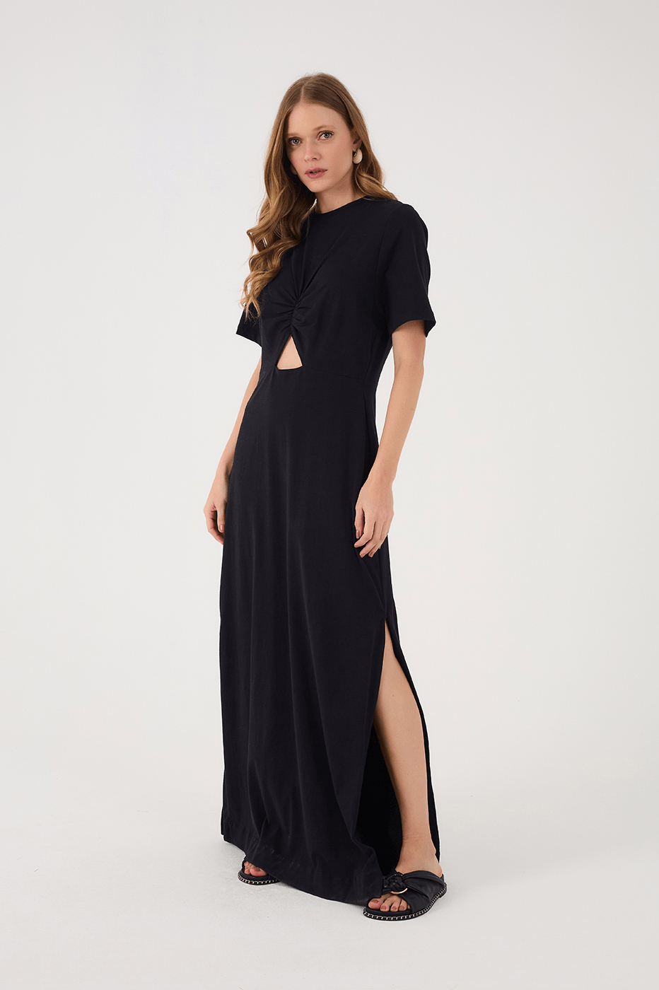 Black Ruched Bodice Short Sleeve Maxi Dress_2