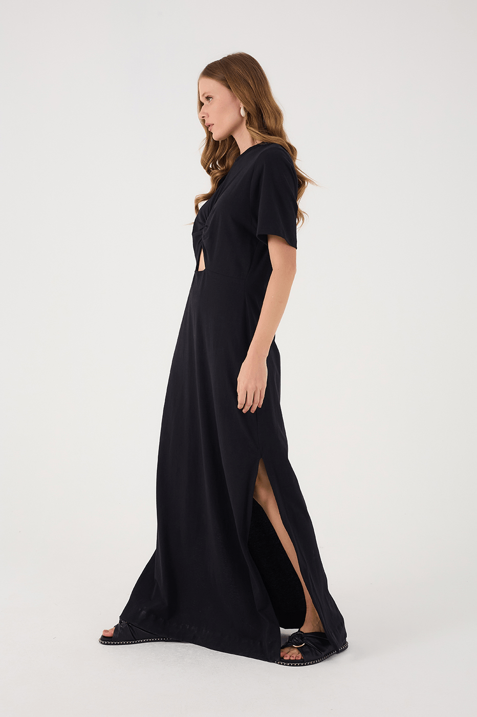 Black Ruched Bodice Short Sleeve Maxi Dress_3