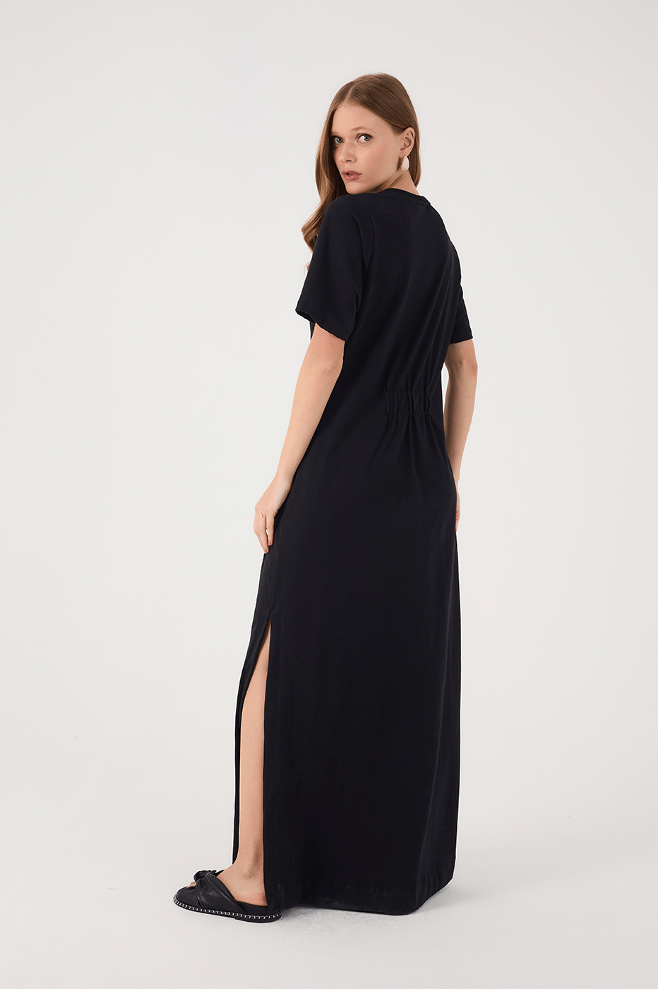 Black Ruched Bodice Short Sleeve Maxi Dress_6
