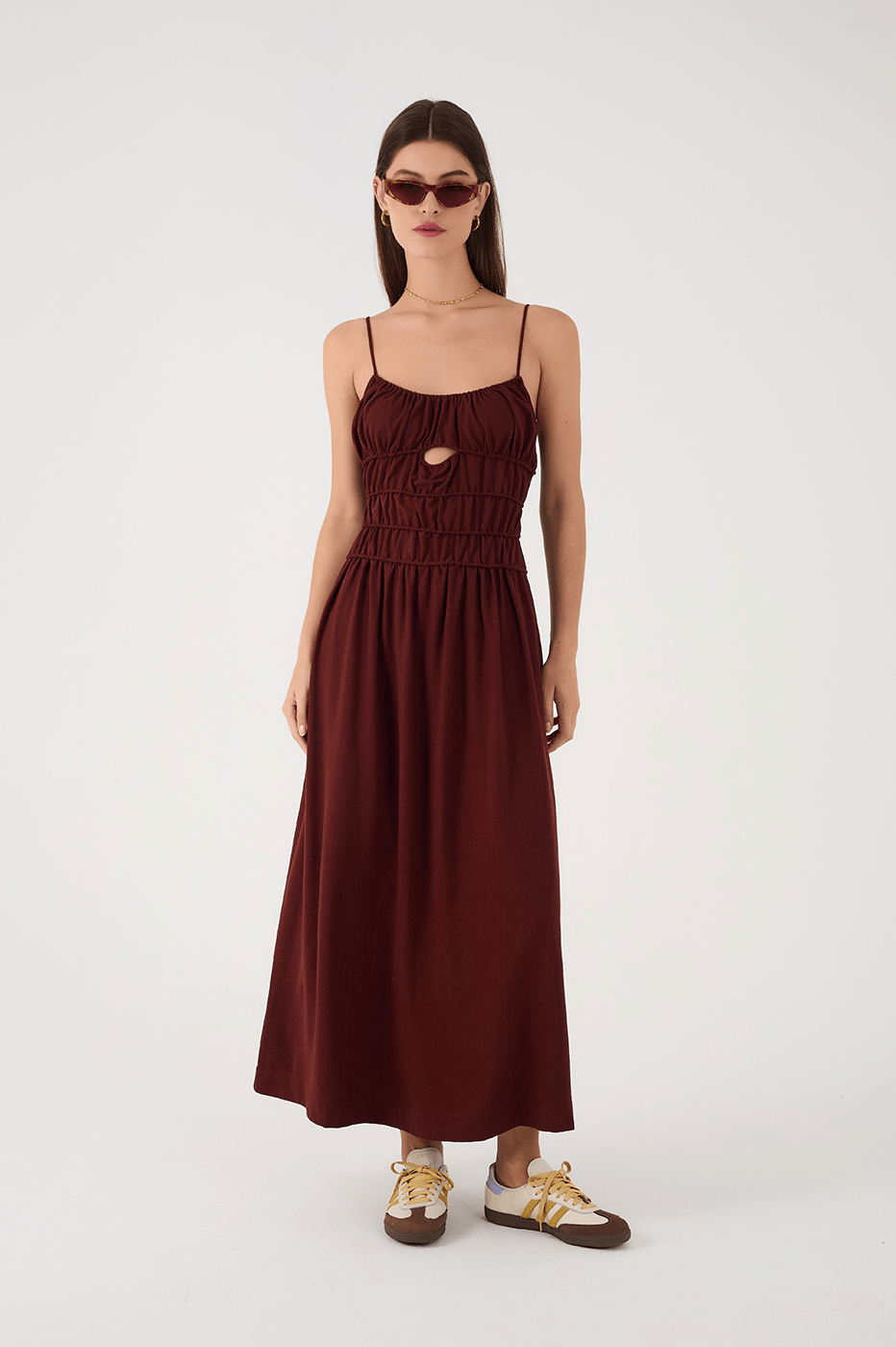 Brown Caffeine Ruched Bodice Sleeveless Linen Maxi Dress