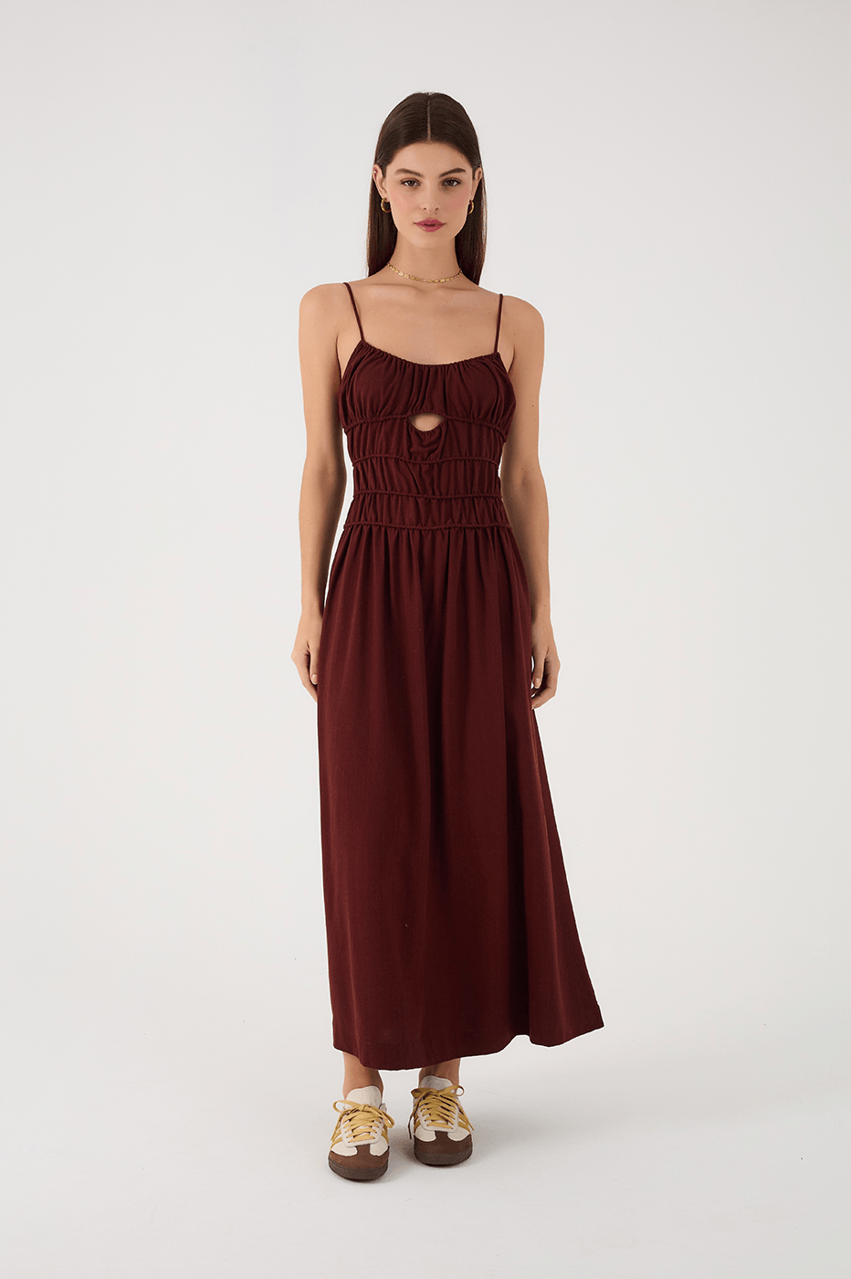 Brown Caffeine Ruched Bodice Sleeveless Linen Maxi Dress