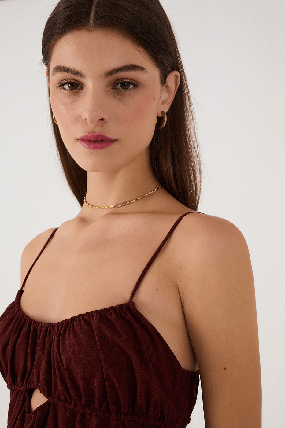 Brown Caffeine Ruched Bodice Sleeveless Linen Maxi Dress