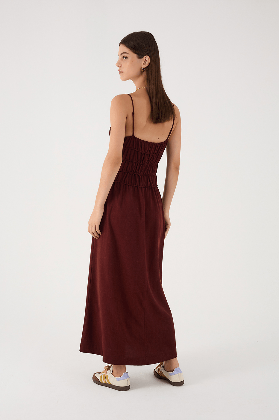 Brown Caffeine Ruched Bodice Sleeveless Linen Maxi Dress