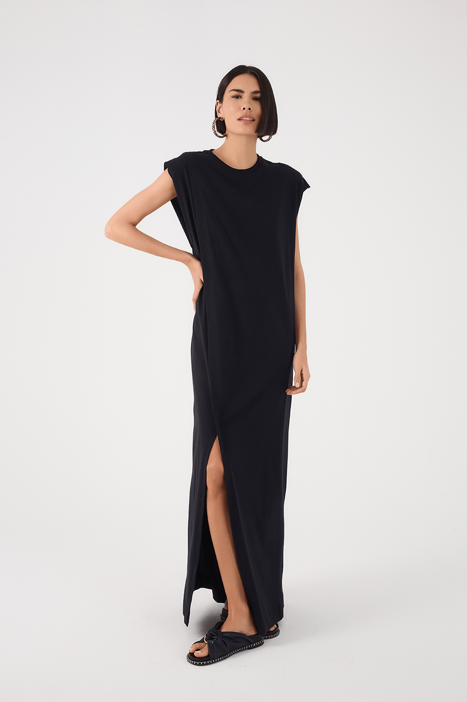 Black Padded Shoulder Front Slit Maxi Dress