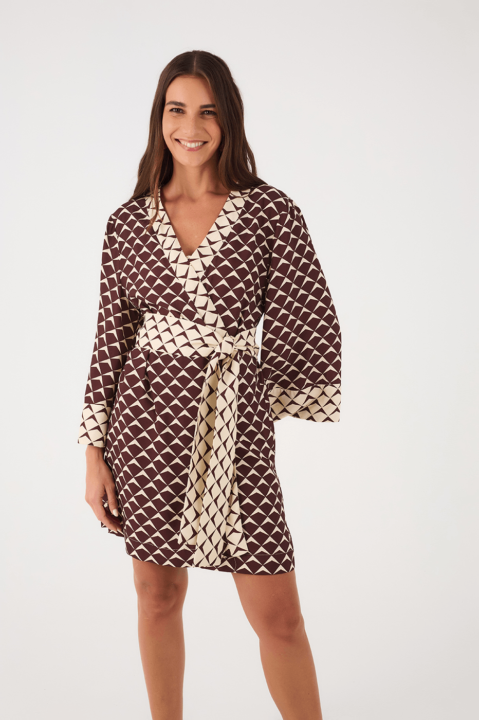 Brown Asa Delta Wrap Kimono Mini Dress