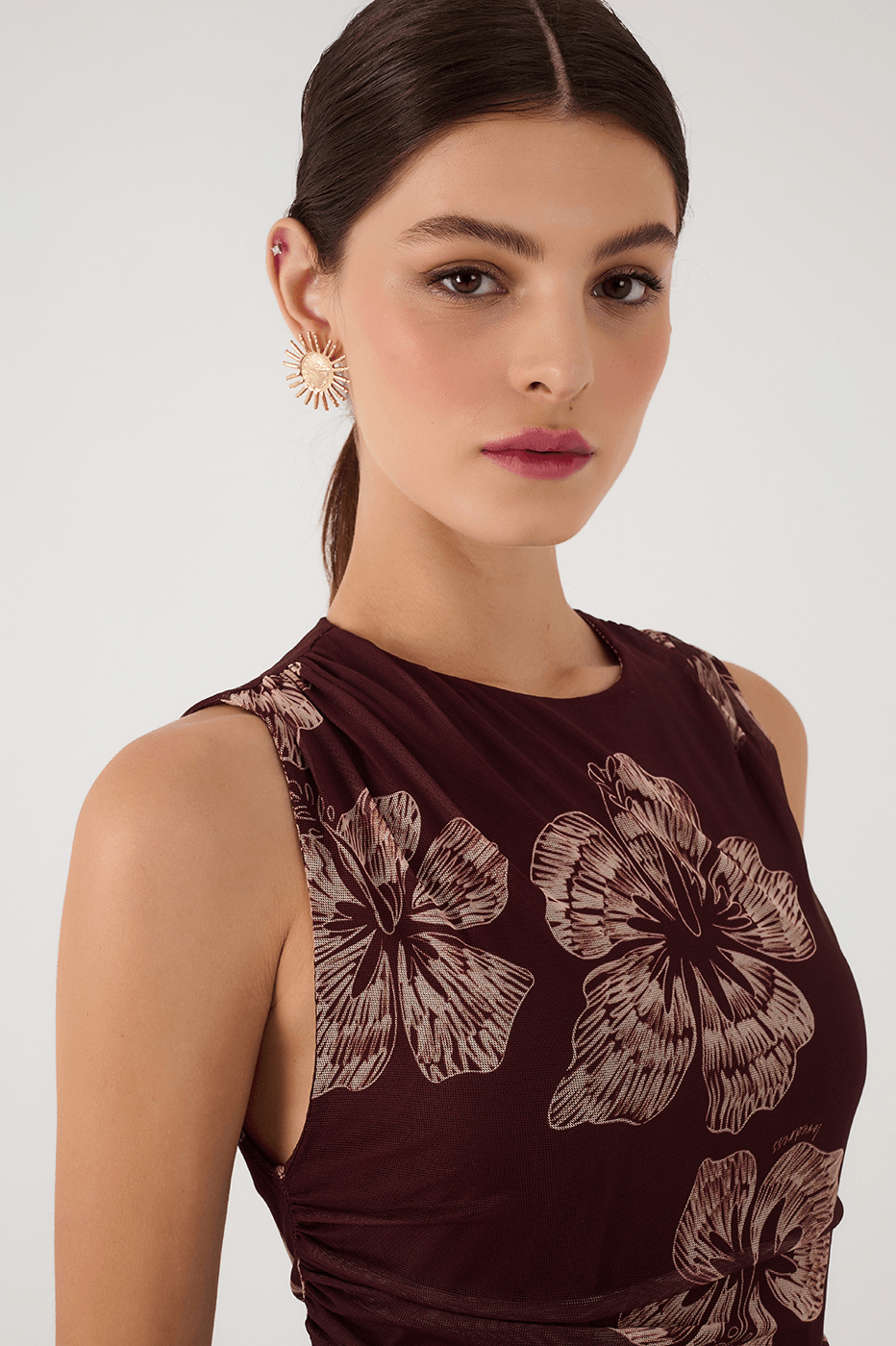 Brown Grumari Sleeveless Draped Tulle Maxi Dress