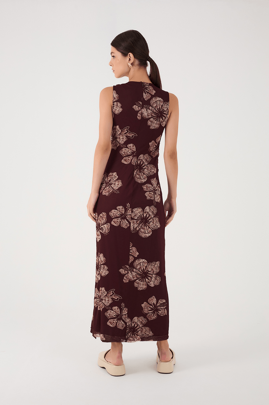 Brown Grumari Sleeveless Draped Tulle Maxi Dress