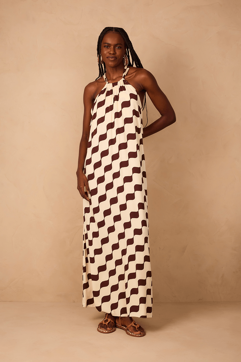 Brown Bossa Nova Halter Neck Crepe Maxi Dress