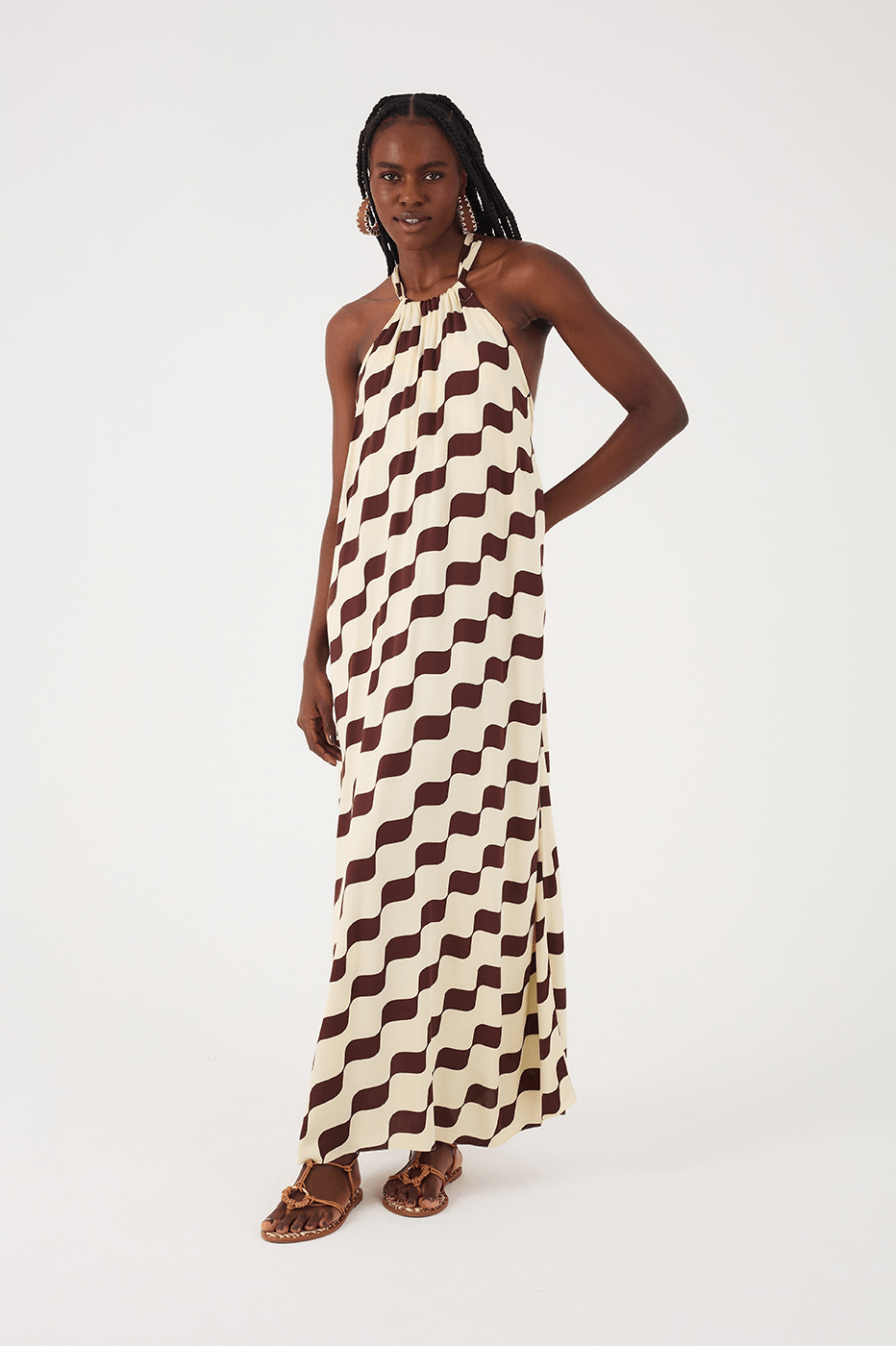 Brown Bossa Nova Halter Neck Crepe Maxi Dress