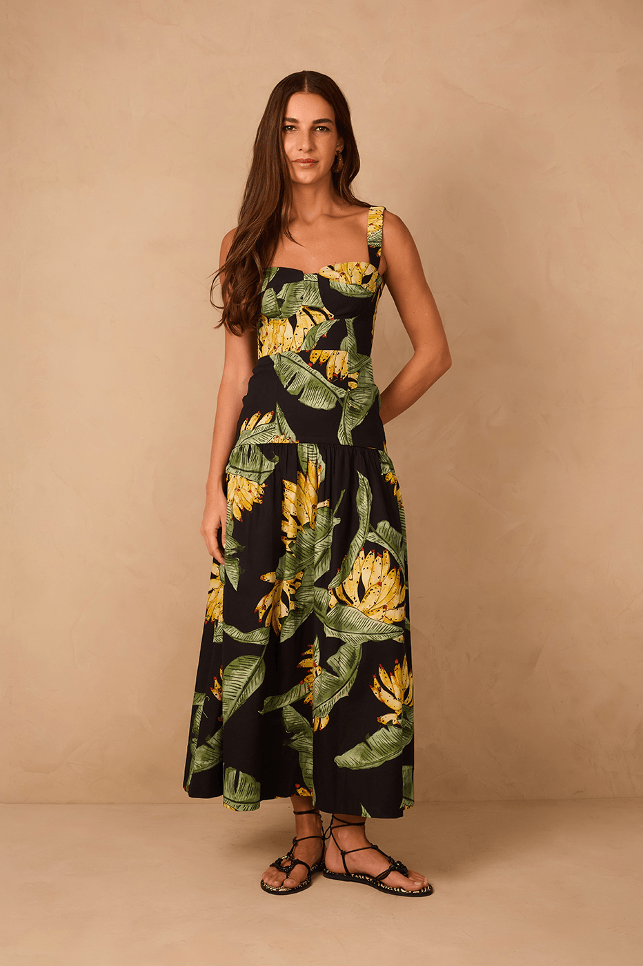 Black Paraiso Elastic Straps Smocked Tiered Maxi Dress_1