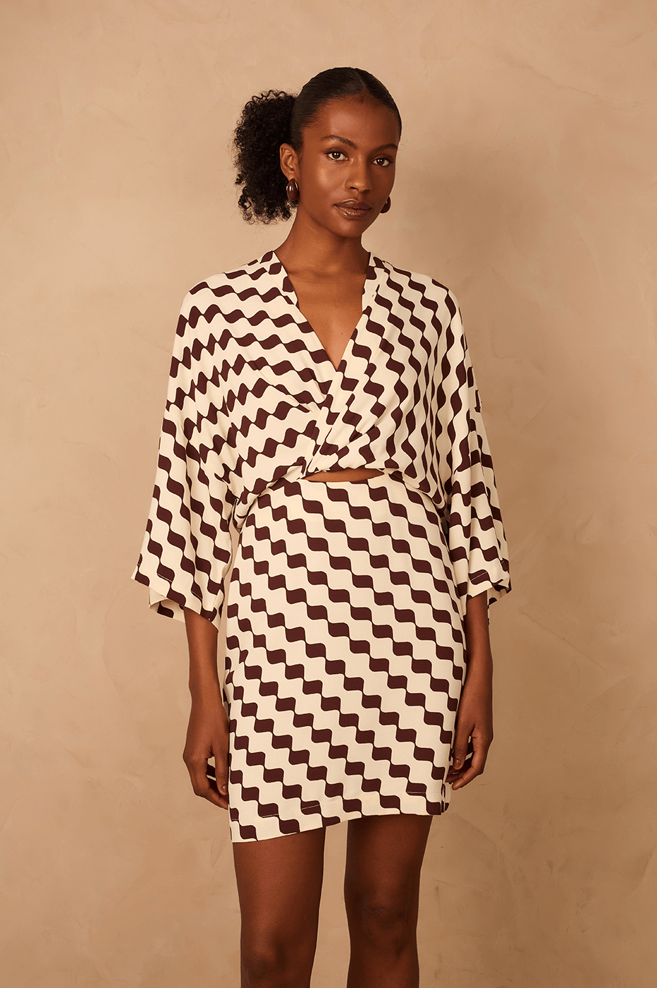 Brown Bossa Nova Wrap Bodice Crepe Mini Dress