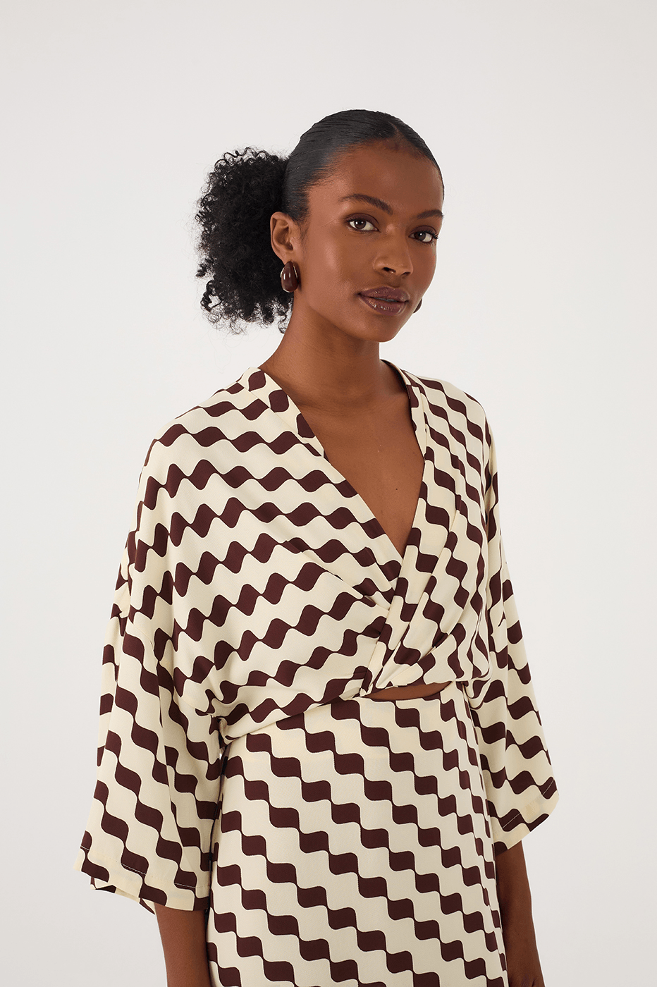 Brown Bossa Nova Wrap Bodice Crepe Mini Dress