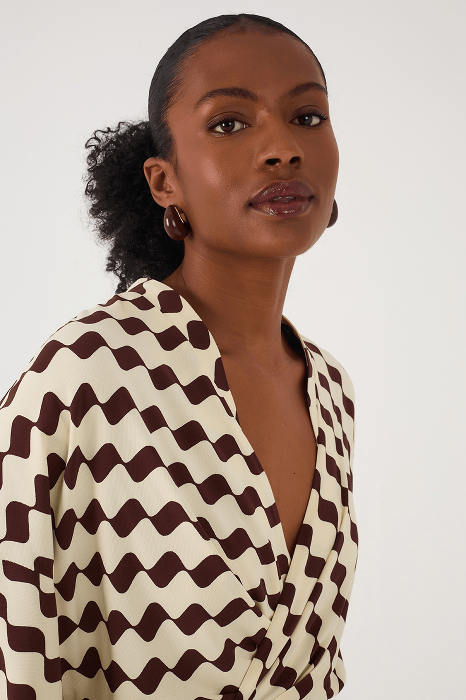 Brown Bossa Nova Wrap Bodice Crepe Mini Dress