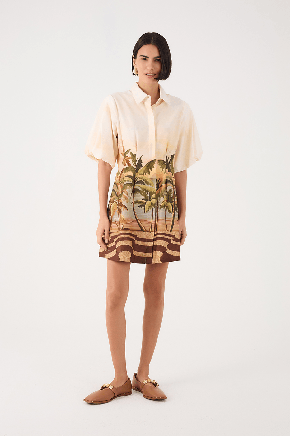 Off-White Fim De Tarde Collared Balloon Sleeve Pleat Mini Dress