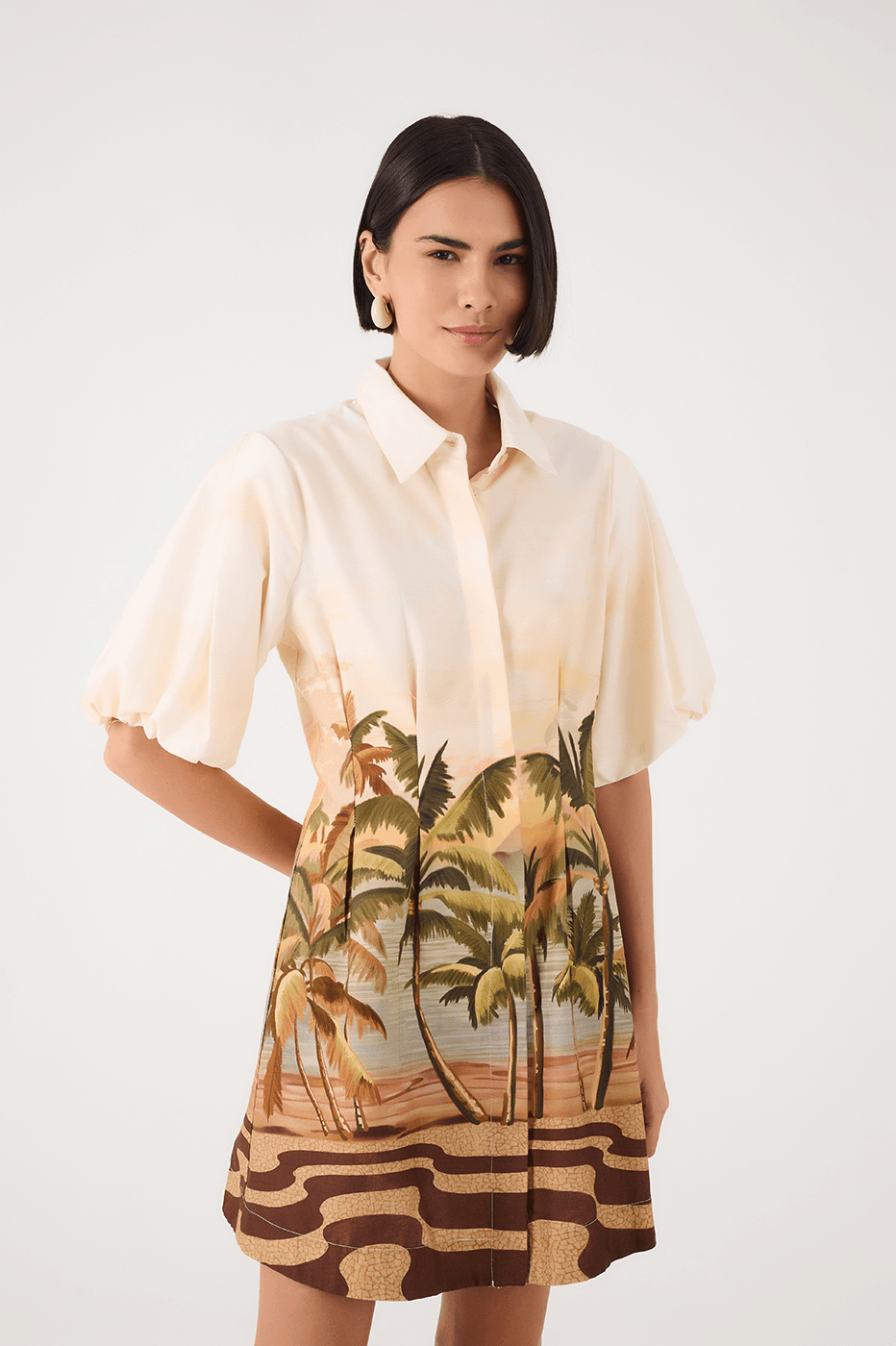Off-White Fim De Tarde Collared Balloon Sleeve Pleat Mini Dress