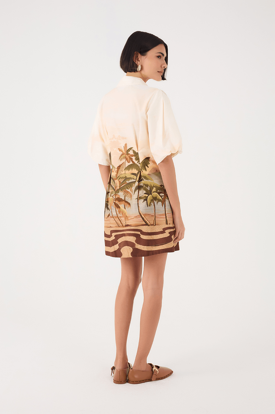 Off-White Fim De Tarde Collared Balloon Sleeve Pleat Mini Dress