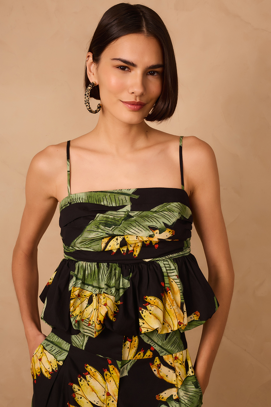 Black Paraiso Square Neck Smocked Peplum Top