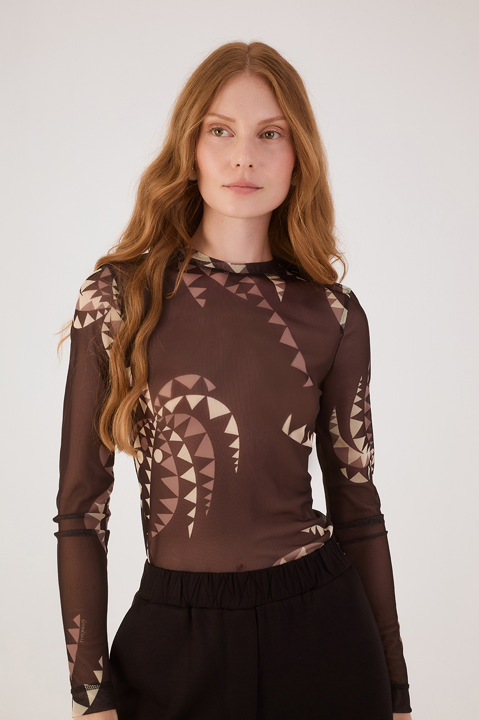 Brown Coqueiral Crew NeckTulle Blouse_3