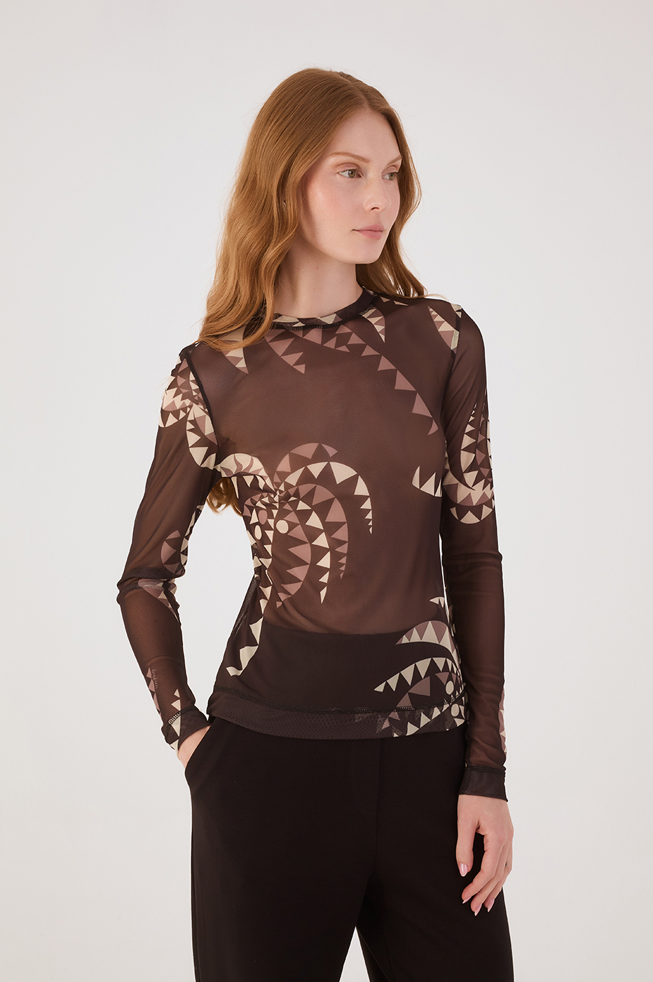 Brown Coqueiral Crew NeckTulle Blouse_4