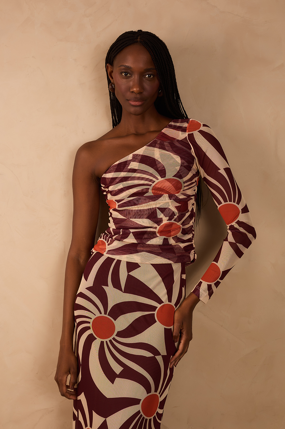 Brown Sunset Ruched One-Shoulder Tulle Top_1