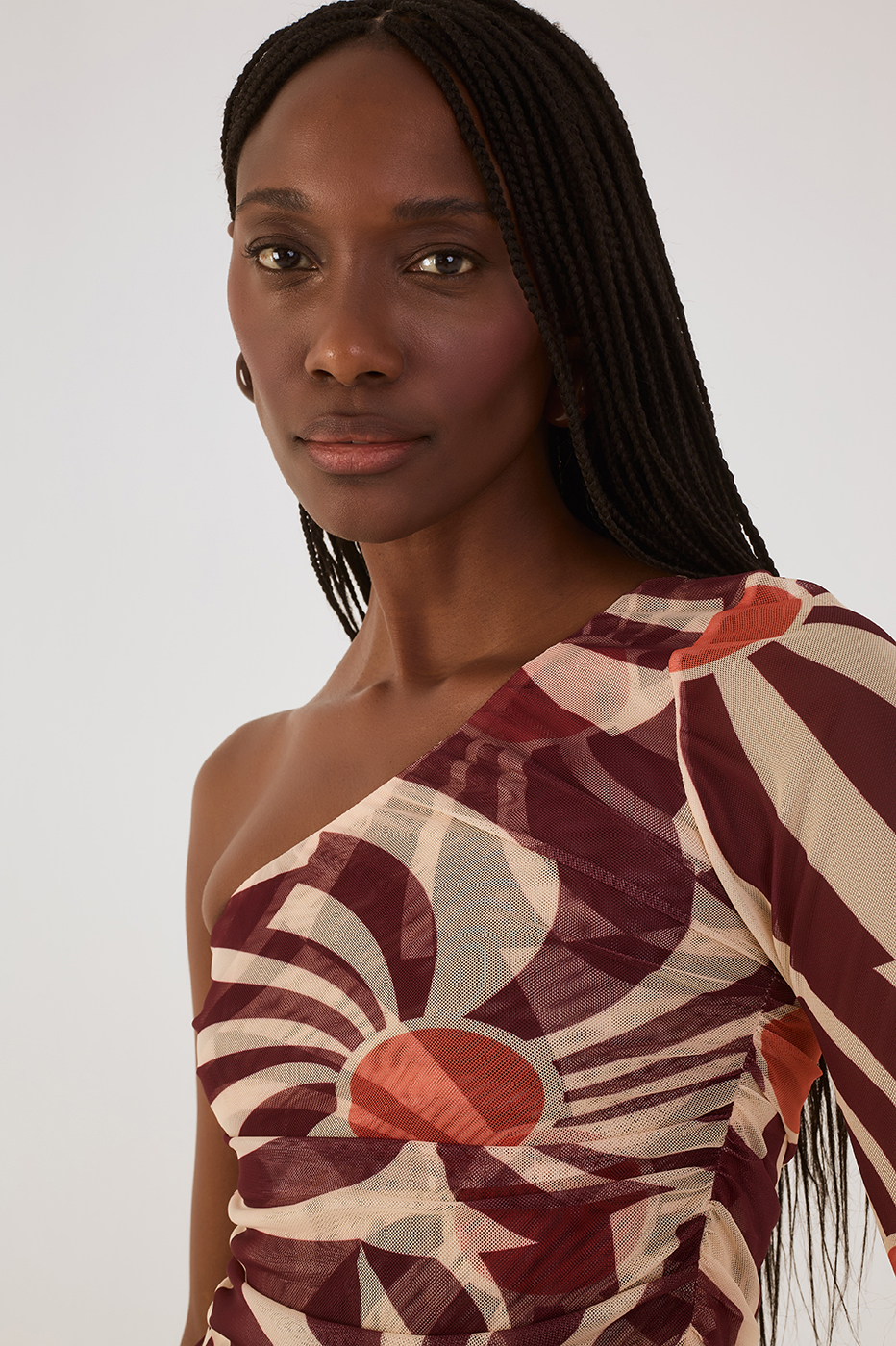 Brown Sunset Ruched One-Shoulder Tulle Top_4