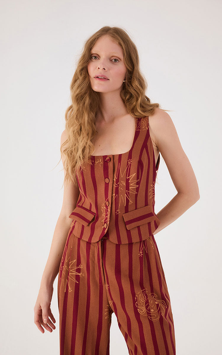 Brown Encanto Square Neck Buttoned Sleeveless Blouse