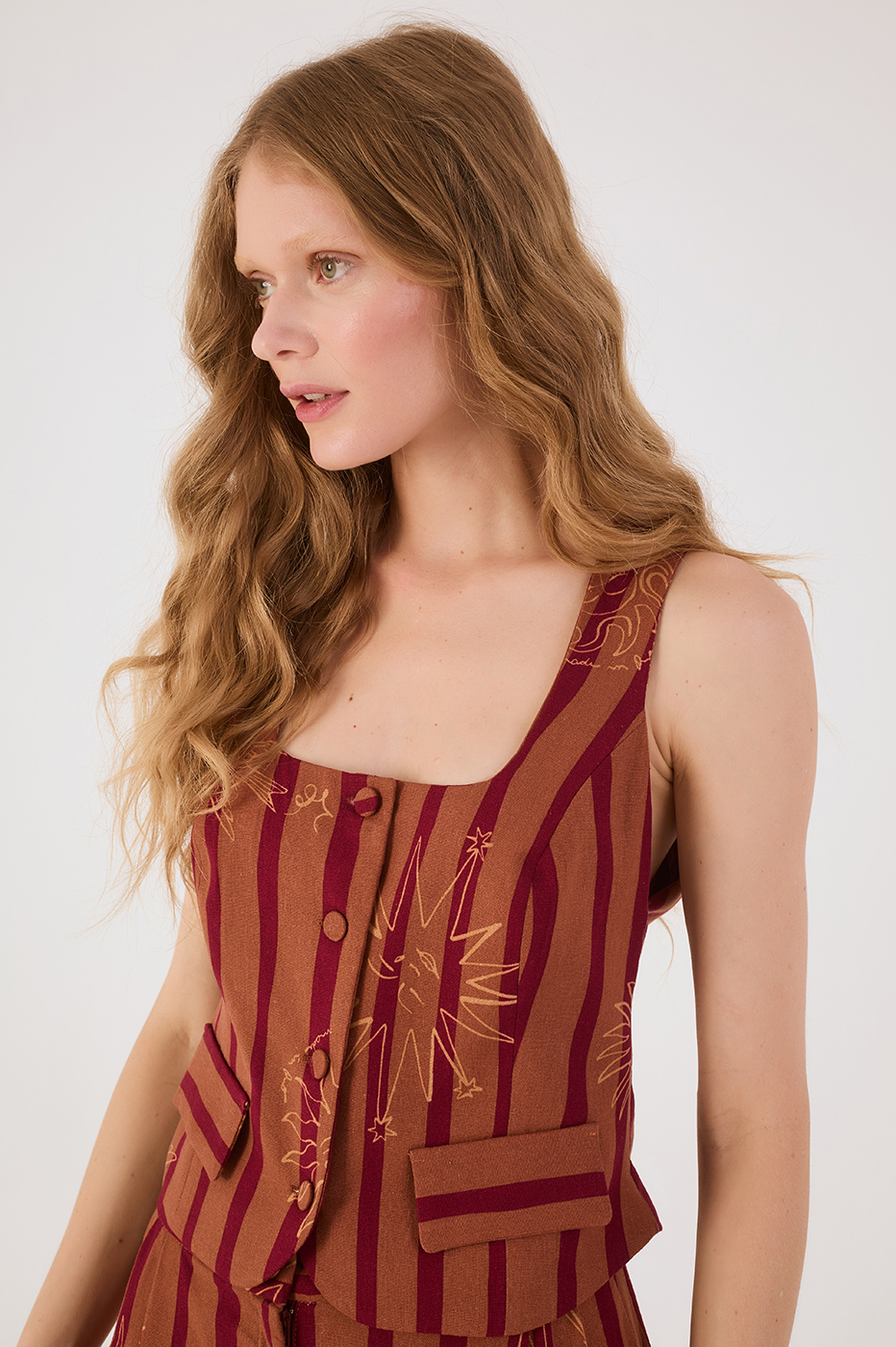 Brown Encanto Square Neck Buttoned Sleeveless Blouse