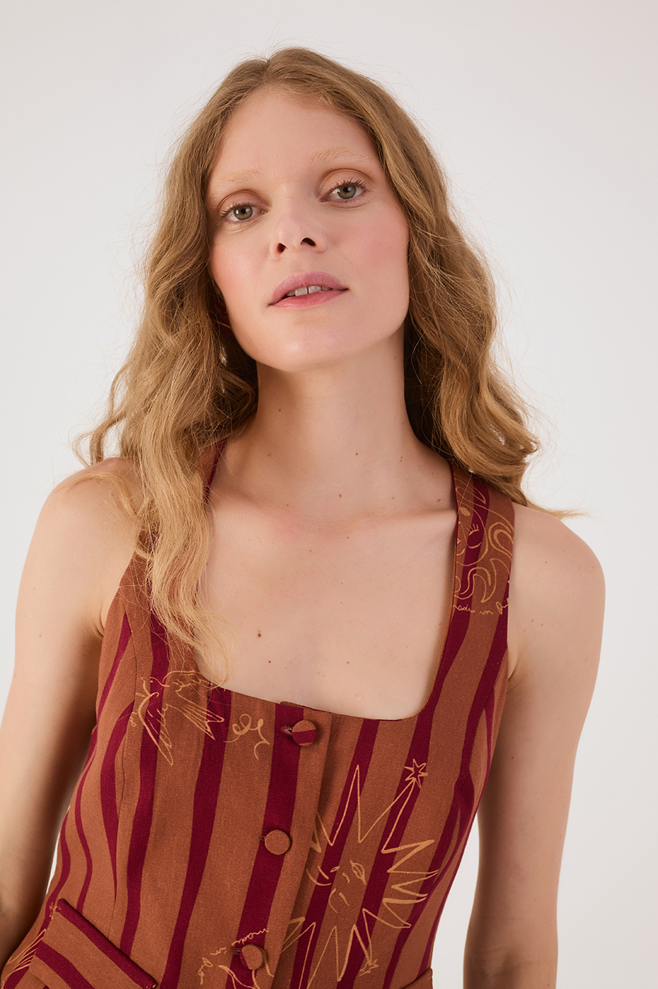 Brown Encanto Square Neck Buttoned Sleeveless Blouse