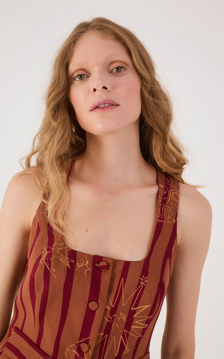 Brown Encanto Square Neck Buttoned Sleeveless Blouse_4