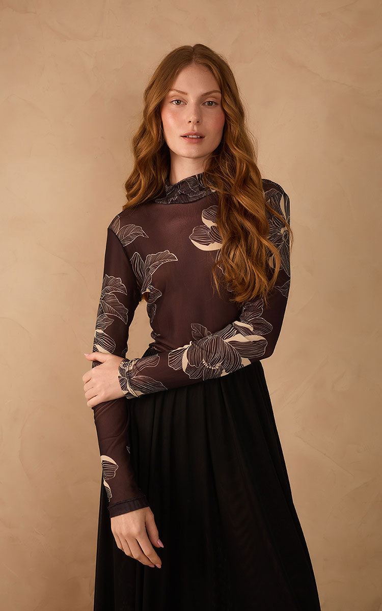 Brown Flora  Tulle Turtleneck_1