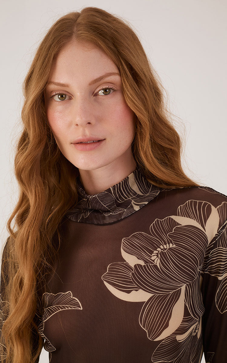 Brown Flora  Tulle Turtleneck